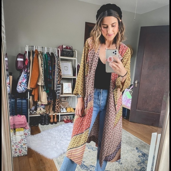 Blogger Favorite CAbi Women's Yellow Red Patchwork Open Front Kimono size Small - Picture 5 of 12